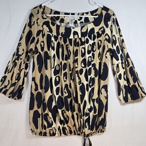 Diane Von Furstenberg Pele Top Tan Blue Animal Leopard Print 3/4 Bell Sleeve 6
